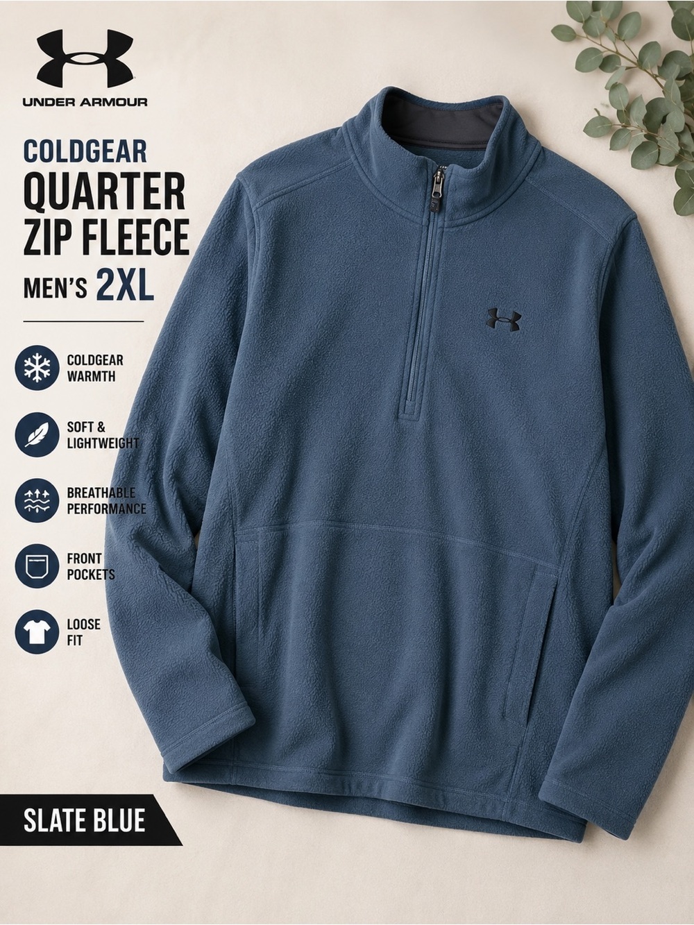 Under Armour ColdGear Quarter Zip Fleece Pullover Men’s 2XL Slate Blue Loose Fit